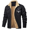 Men's black canvas work jacket with warm sherpa lining and bull skull print design - S / Black