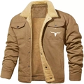 Men's khaki sherpa-lined canvas jacket with western cattle skull logo print - S / Coffee