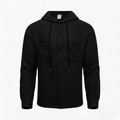 Classic men's black hooded long sleeve shirt jacket with textured fabric and utility pockets - S / Black