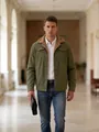 Men's military green work jacket with brown fleece collar and fleece lining for winter - S / Army Green