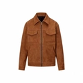 Brown faux suede jacket with front zipper and large utility chest pockets for men - S / Coffee