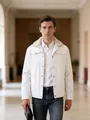 Men's white worker jacket with faux fur collar and metal buckle details in outdoor setting - S / White
