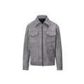 Men's grey faux suede jacket with classic collar and large cargo pockets on front - S / Gray