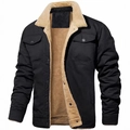 Men's winter fleece-lined work jacket with black canvas exterior and sherpa collar - S / Black