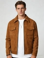 Men's casual brown faux suede jacket with chest pockets and zipper front closure - S / Coffee