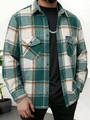 Men's plaid flannel shirt jacket with green and orange check pattern and chest pockets - S / Dark Green