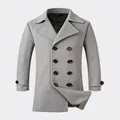 Classic men's double-breasted mélange grey wool coat with wide lapels and black buttons - S (US Size) / Gray