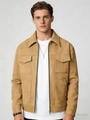 Men's faux suede jacket in camel with classic lapel collar and double chest pockets - S / Khaki