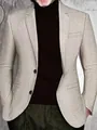 Men's slim-fit light beige tweed blazer featuring casual notch lapels and a textured knit - XS / Light Coffee