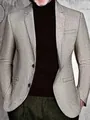 Men's slim fit casual grey blazer with linen texture and stylish two-button design - XS / Dark Coffee