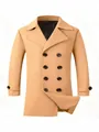 Men's stylish camel double-breasted wool coat with notch lapels and black buttons - S (US Size) / Khaki