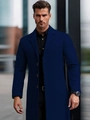 Classic dark blue men's long wool coat with notched lapels and single-breasted buttons - XS / Navy Blue