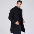 Men's slim-fit mid-length wool coat in classic black with stylish lapel and buttons - XS / Black