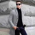 Men's light grey mid-length wool coat with classic lapel and black buttons in urban style - XS / Light Gray