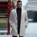 Classic light gray mid-length wool coat for men with notched lapel in urban winter setting - XS (US Size) / Light Gray