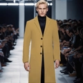 Men's mustard yellow wool overcoat in a slim fit longline design on the fashion runway - XS (US Size) / Khaki