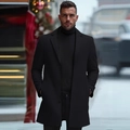 Men's classic black mid-length wool coat with a notched lapel and single-breasted design - XS (US Size) / Black