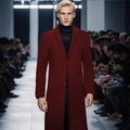 Men's slim fit burgundy long wool coat with three gold buttons on a fashion runway - XS (US Size) / Dark Red