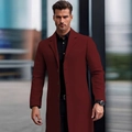 Elegant men's wine red long wool coat with stand collar and business casual design - XS / Brown