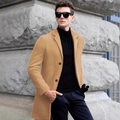 Classic camel men's mid-length wool coat with notch lapel and business casual style - XS / Khaki