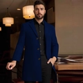 Men's navy blue mid-length coat with lapel and three-button closure for business casual style - XS / Navy Blue