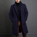 Navy blue wool coat for men featuring a slim fit longline design and classic lapels - XS / Navy Blue