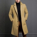 Men's slim fit camel wool coat in mid-length with a notch lapel and single-breasted design - XS / Khaki