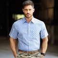 Camisa de manga corta a cuadros azules y blancos para hombre con bolsillo frontal - S (Talla EE. UU.) / Azul marino