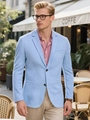 Detail of light blue casual blazer for men showing faux linen texture in an outdoor cafe setting - S (US Size) / Sky Blue