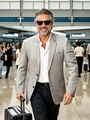 Classic men's light grey business casual suit jacket with fine linen texture in airport setting - S / Dark Coffee