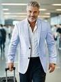 Men's light purple linen texture blazer jacket with two-button design in airport travel scene - S / Sky Blue