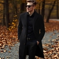 Men's black mid-length wool coat with notch lapel and single-breasted design - XS / Black