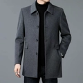 Classic grey mid-length wool coat for men with a three-button lapel design and flap pockets - XS / Gray