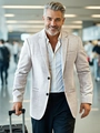 Men's stylish beige casual blazer jacket for business travel in an airport setting - S / Light Coffee