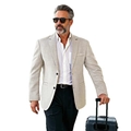 Slim fit men's casual blazer in light beige linen texture with white shirt and black pants - S / Light Coffee