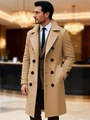 Men's tan double-breasted wool blend trench coat in a professional long business style - S / Khaki