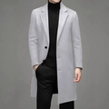 Classic men's light grey mid-length wool coat with notched lapels and black buttons - XS / Light Gray
