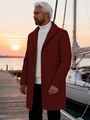 Men's wine red wool blend overcoat with lapels and buttons at sunset harbor - XS (US Size) / Dark Red