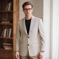 Chaqueta casual de hombre gris claro con textura de lino y solapas de muesca clásicas - S / Café Claro