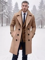 Classic double-breasted camel wool coat for men in a snowy winter forest setting - S (US Size) / Khaki