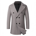 Men's double-breasted grey wool coat with notch lapel and quilted lining in ghost mannequin view - S / Gray