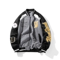 Detail der New York 1986 Stickerei auf der amerikanischen Strick-Baseballjacke - S / Grau Schwarz Patchwork