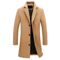 Classic camel men's long wool coat with notched lapels and single-breasted black buttons - XS / Khaki