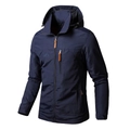 Detail view of navy blue windproof outdoor hooded jacket with embroidered logo and orange zipper pull - M / Sapphire Blue