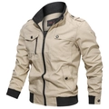 Men's khaki utility jacket with black ribbed collar and multiple functional pockets - M / Off-white