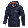 Men's mid-length hooded outdoor jacket in navy blue with orange lining and adjustable waist - M / Blue