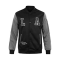Close-up of black and grey varsity jacket with embroidered letters and size M label - S / Black