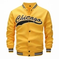Detail of Chicago embroidery and ribbed cuffs on the yellow varsity jacket for men - S / Yellow