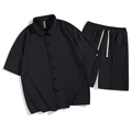 Ensemble d'été homme en soie glacée noire avec chemise à manches courtes et short à cordon - M / Noir