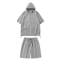 Quick-dry grey techwear hooded set with breathable mesh fabric and drawstring shorts - Gray